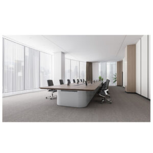 Large boardroom conference table with smart display